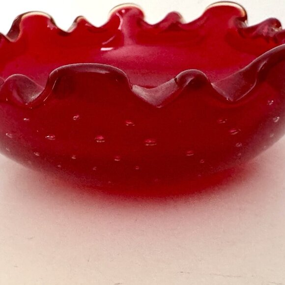 Ruby Red Murano Art Blown Glass Trinket Bowl 4.5” Glows Uv Bullicante Vintage - Picture 5 of 16